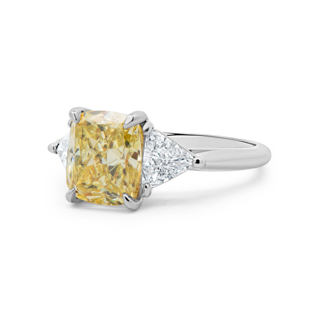 Fancy Yellow Cushion Cut Diamond Three Stone Ring