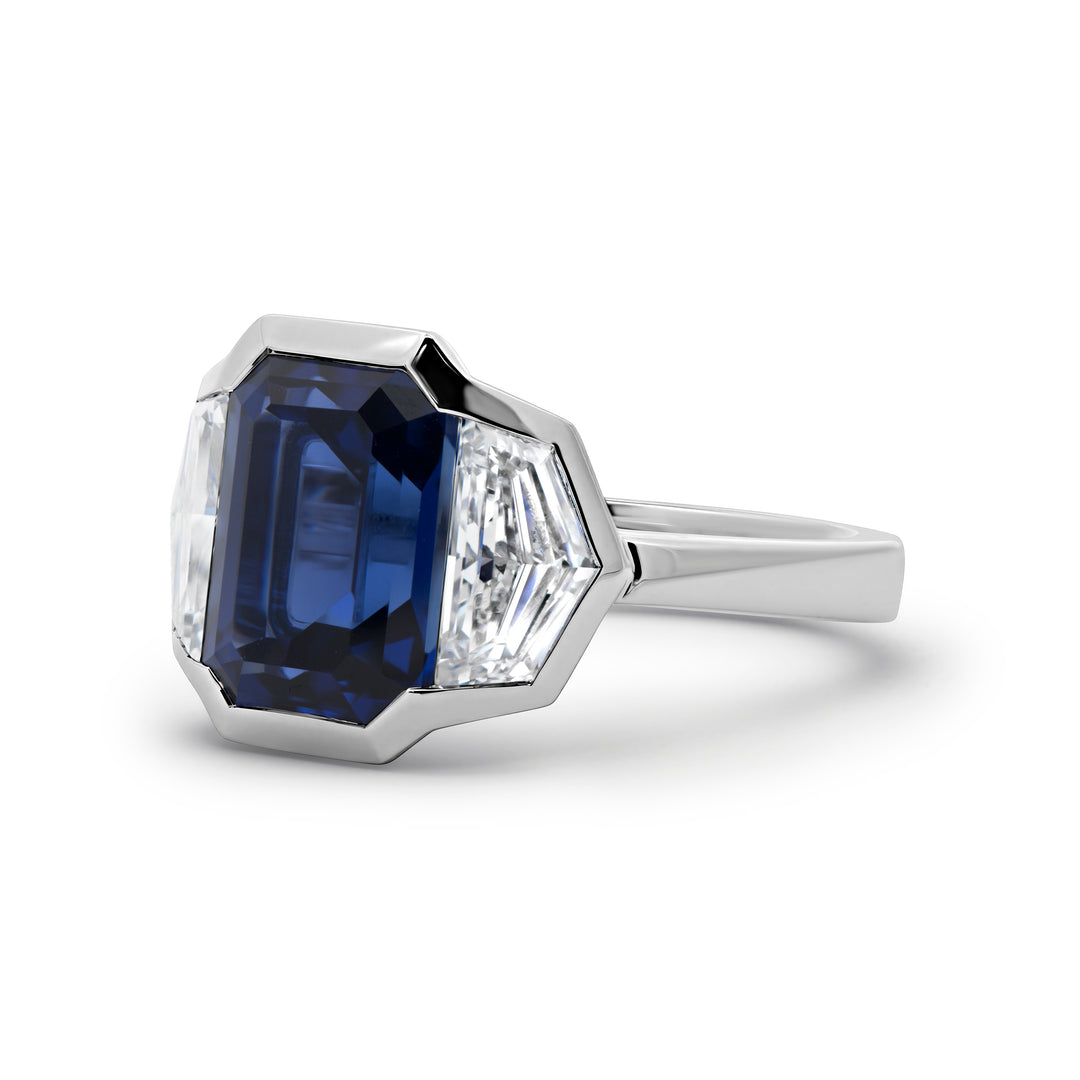 Lab Grown Blue Emerald Cut Diamond Three Stone Bezel Ring
