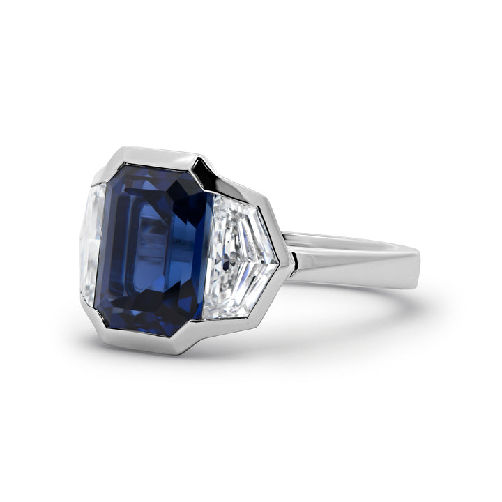 Lab Grown Blue Emerald Cut Diamond Three Stone Bezel Ring