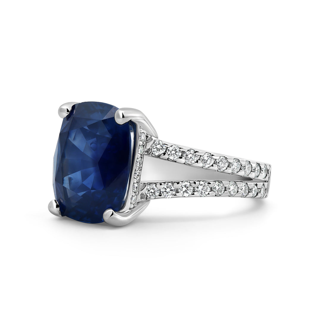 Cushion Blue Sapphire Split Shank Ring