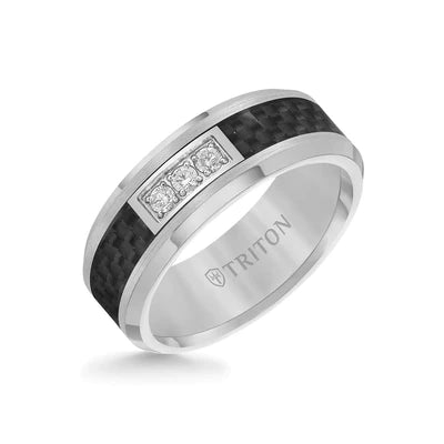 Flat Bevel Edge 3 Stone Diamond Tungsten Wedding Band