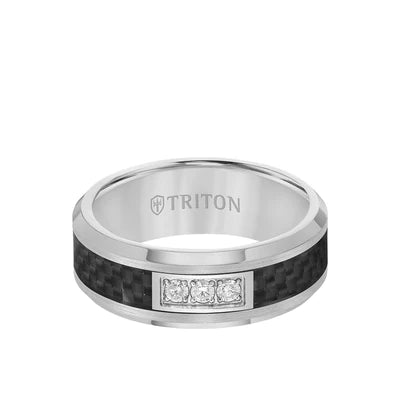 Flat Bevel Edge 3 Stone Diamond Tungsten Wedding Band