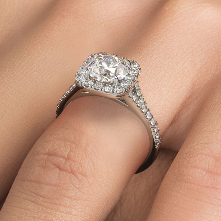 Cushion Halo With Round Center Split Shank Micropavé Diamond Engagement Ring Setting
