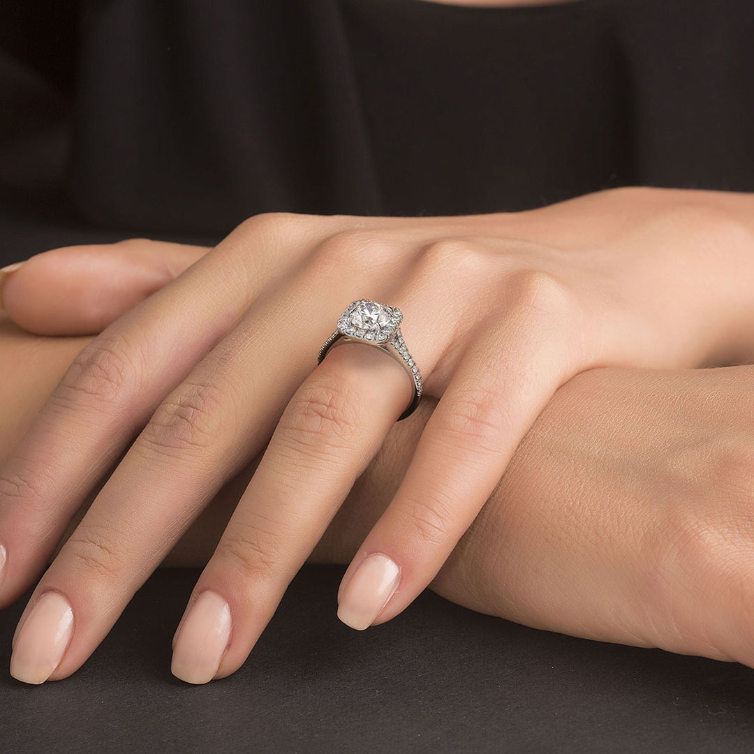 Cushion Halo With Round Center Split Shank Micropavé Diamond Engagement Ring Setting