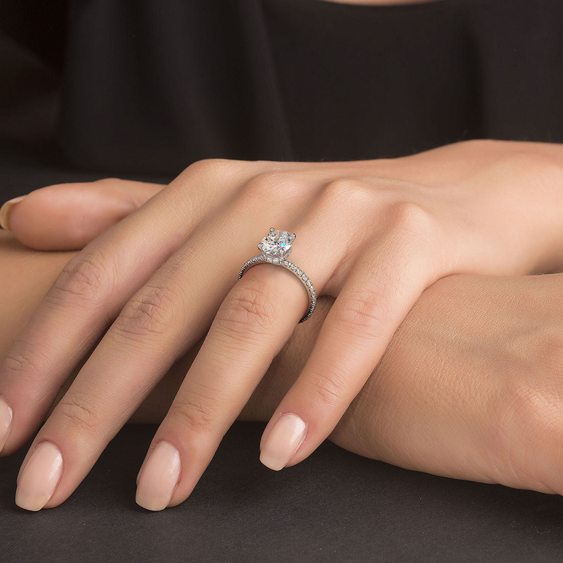 Oval Shape Hidden Halo Petite Micropavé Diamond Engagement Ring Setting